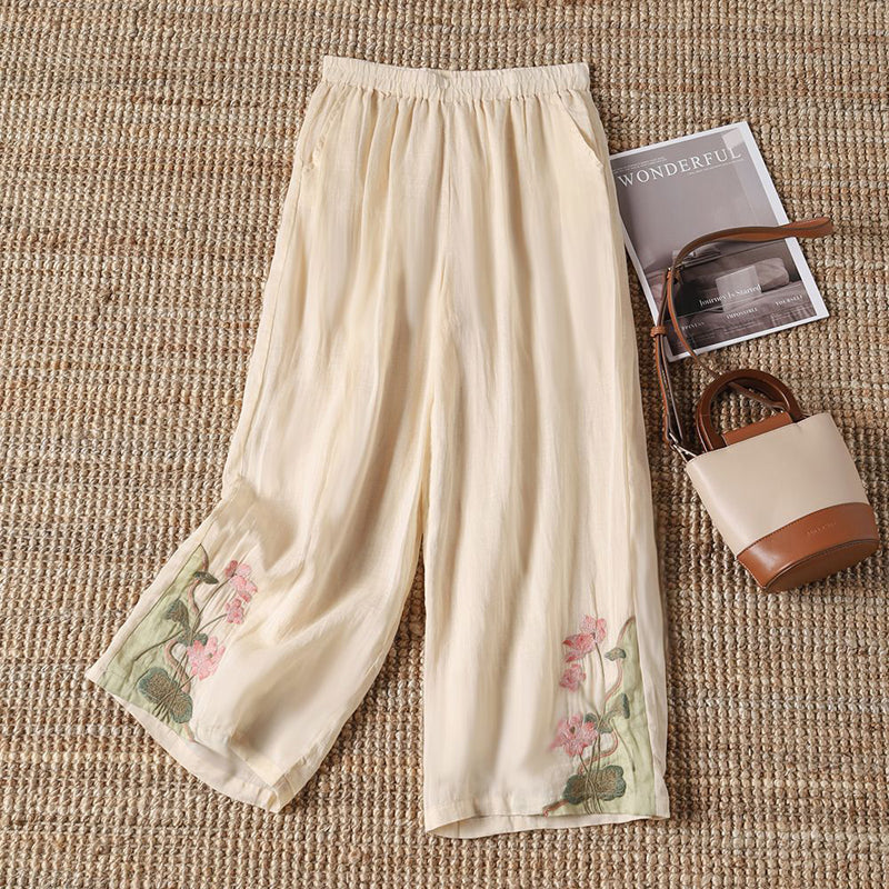 【100% Baumwolle】Lässige Hose mit Bestickten Blumen
