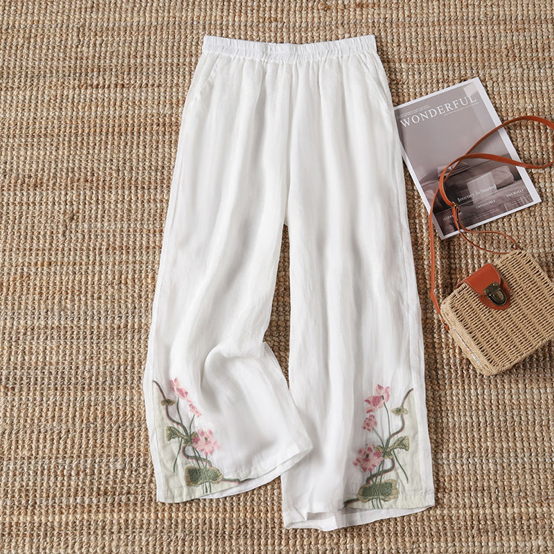 【100% Baumwolle】Lässige Hose mit Bestickten Blumen