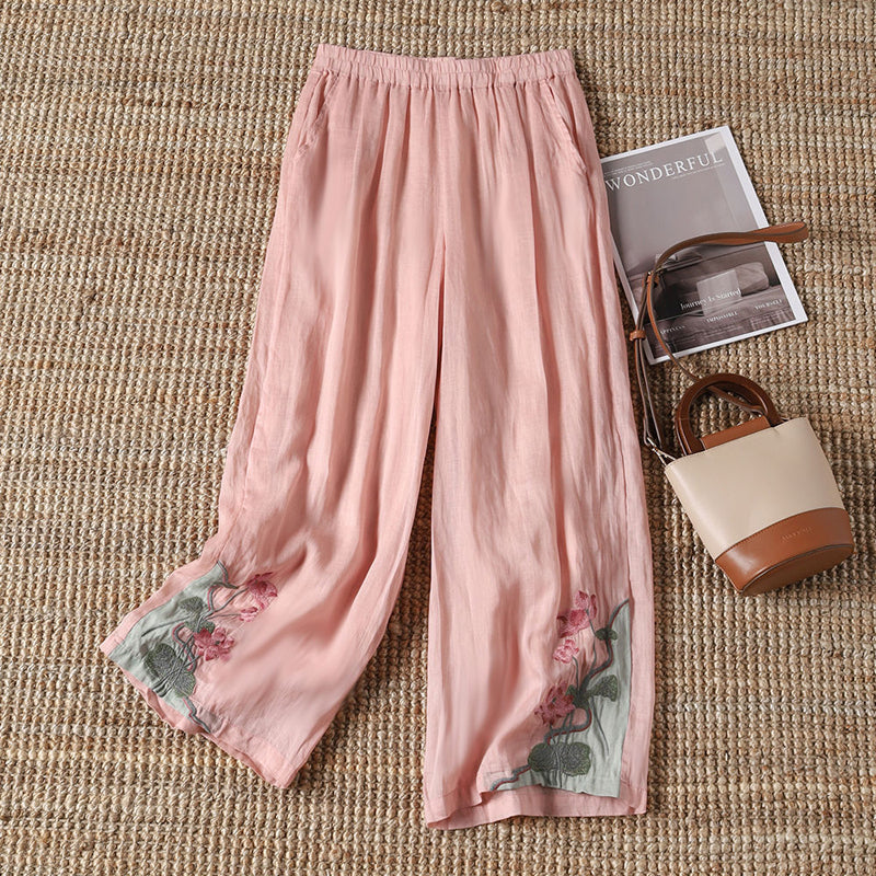 【100% Baumwolle】Lässige Hose mit Bestickten Blumen