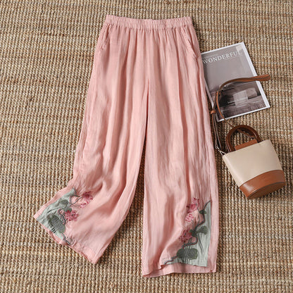 【100% Baumwolle】Lässige Hose mit Bestickten Blumen