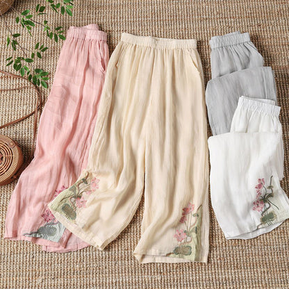 【100% Baumwolle】Lässige Hose mit Bestickten Blumen