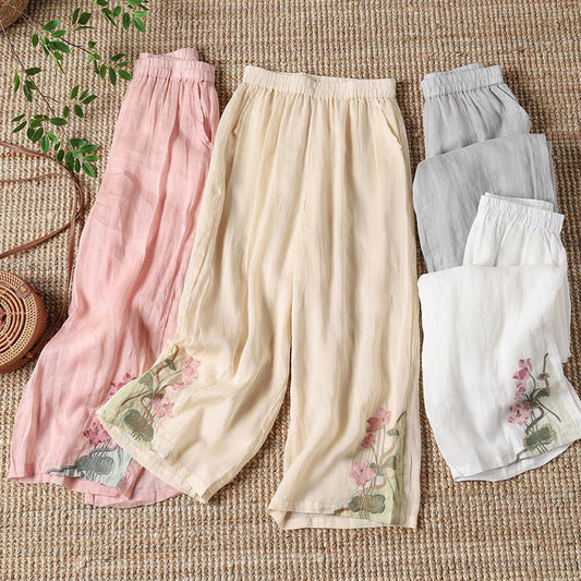 【100% Baumwolle】Lässige Hose mit Bestickten Blumen