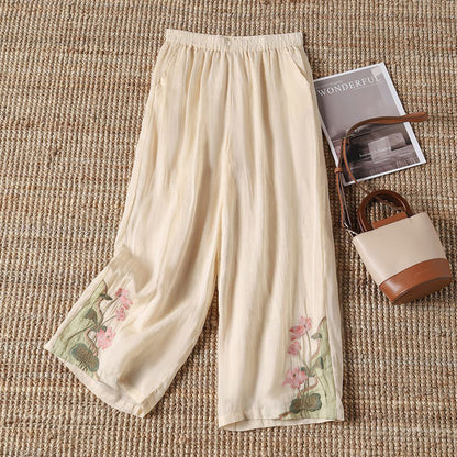 【100% Baumwolle】Lässige Hose mit Bestickten Blumen