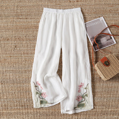 【100% Baumwolle】Lässige Hose mit Bestickten Blumen