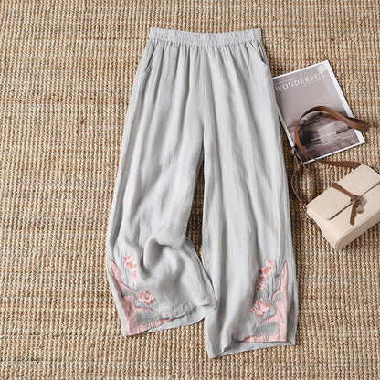 【100% Baumwolle】Lässige Hose mit Bestickten Blumen
