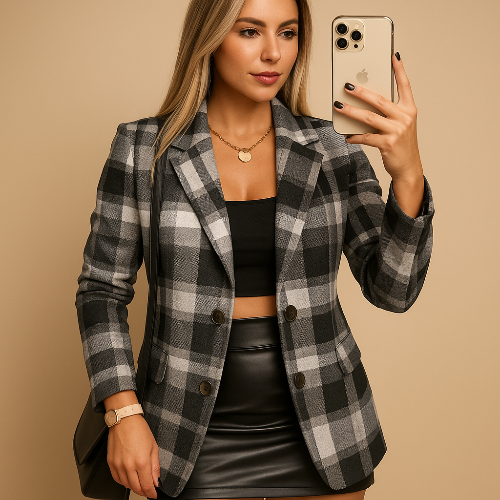 Rive™ | Lange gepolsterte Damenjacke mit Karomuster