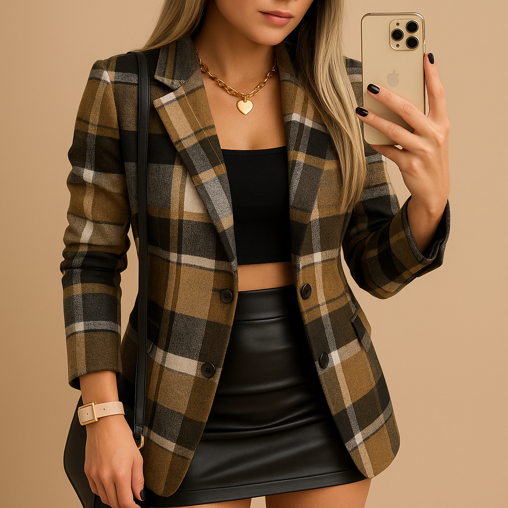 Rive™ | Lange gepolsterte Damenjacke mit Karomuster