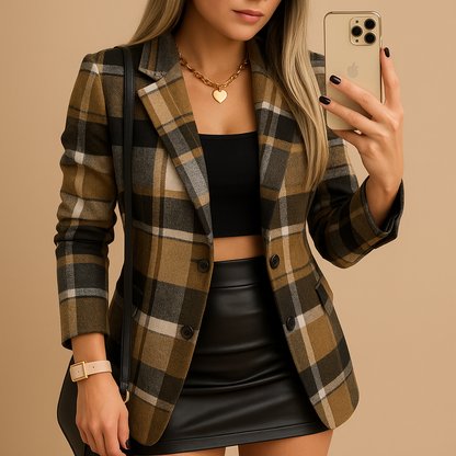 Rive™ | Lange gepolsterte Damenjacke mit Karomuster